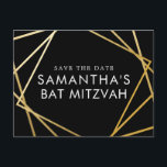Gold and Black Modern Bat Mitzvah Save the Date Announcement Postcard<br><div class="desc">Modern, trendy, and elegant gold and black Bat Mitzvah save the date postcards with a unique geometric squares border. Easily personalise this affordable save the date for your Bat Mitzvah with custom name, date, and details of your fun and sophisticated celebration. All of the text is editable, so this design...</div>