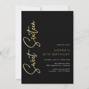 Gold and Black   Modern Sleek Sweet 16 Birthday Invitation