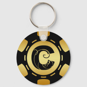 GOLD AND BLACK MONOGRAM LETTER C POKER CHIP KEY RING