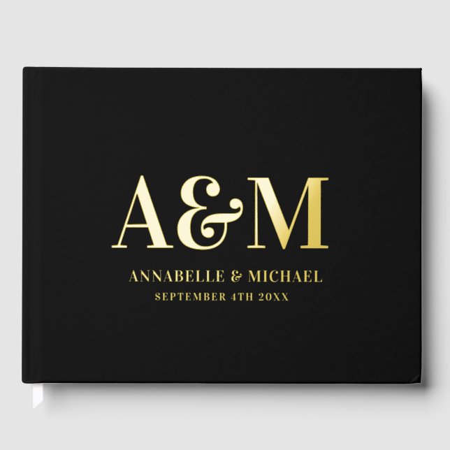 GOLD AND BLACK MONOGRAM MINIMALIST WEDDING  GUEST BOOK (Front)