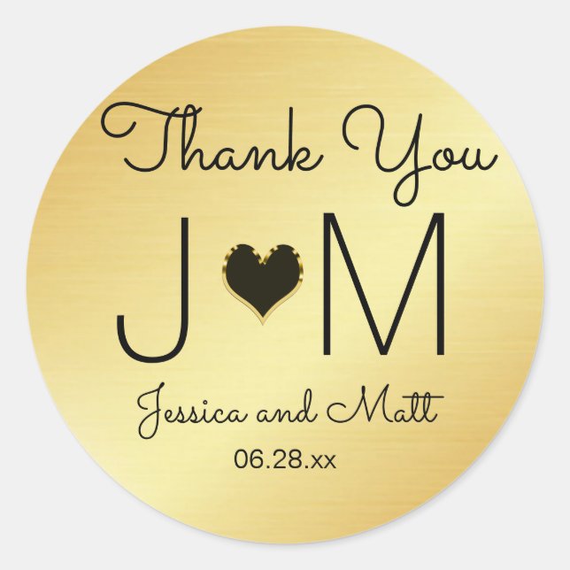 Gold and Black Monogram Thank You Wedding Sticker (Front)