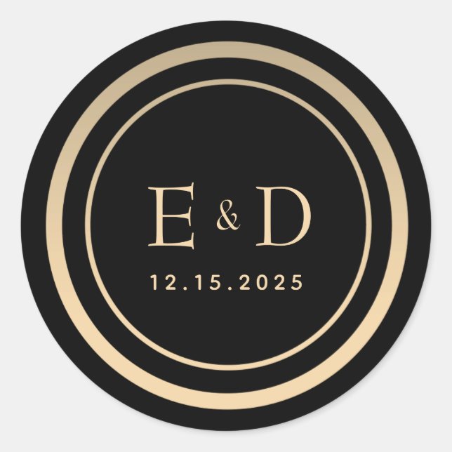 Gold and Black Monogram Wedding Classic Round Sticker (Front)