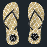 Gold and Black Moroccan Quatrefoil Monogram Thongs<br><div class="desc">Custom printed flip flop sandals with a stylish Moroccan quatrefoil pattern and your custom monogram or other text in a circle frame. Click Customise It to change text fonts and colours or add your own images to create a unique one of a kind design!</div>