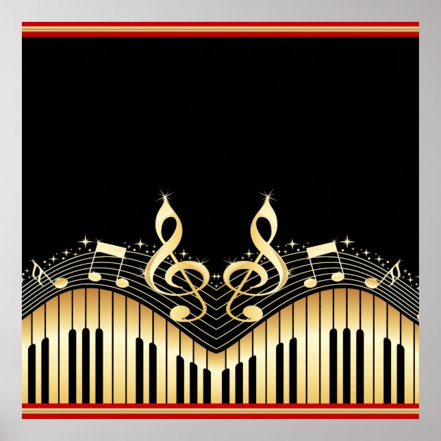 Gold And Black Music Notes Black Background Poster (Front)
