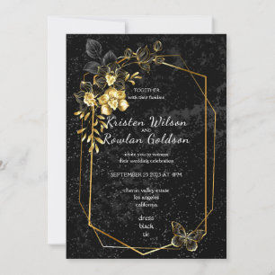 Gold and Black Orchids Flowers on Black Invitation