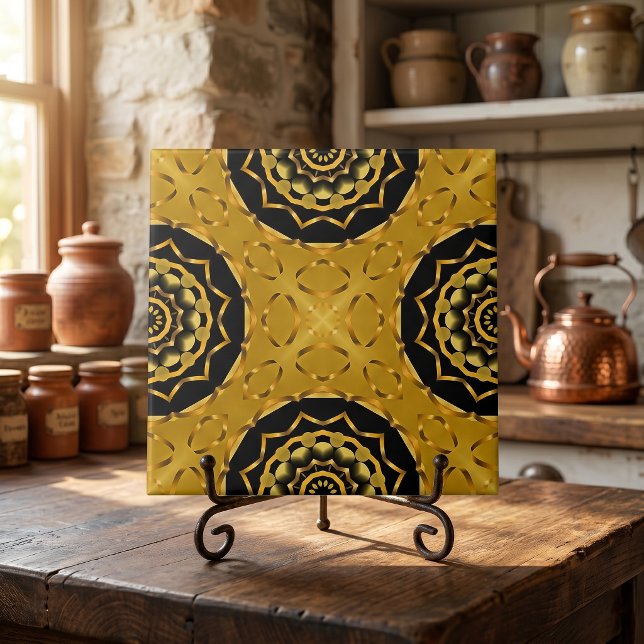 Gold and Black Oriental Arabesque Geometric Mosaic Ceramic Tile (Creator Uploaded)