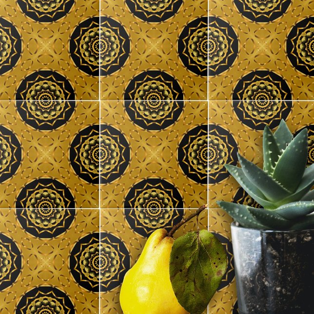 Gold and Black Oriental Arabesque Geometric Mosaic Ceramic Tile (Creator Uploaded)