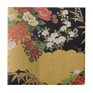 Gold and Black Oriental Japanese Kimono Floral  Ceramic Tile