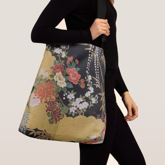 Gold and Black Oriental Japanese Kimono Floral  Crossbody Bag (Close Up)