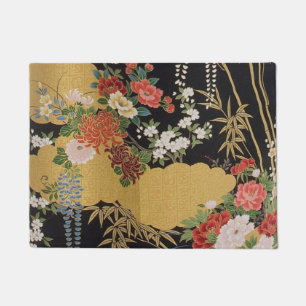 Gold and Black Oriental Japanese Kimono Floral Doormat