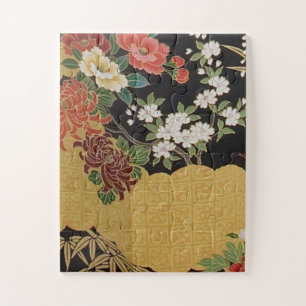 Gold and Black Oriental Japanese Kimono Floral  Jigsaw Puzzle