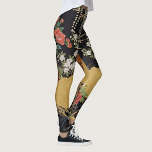 Gold and Black Oriental Japanese Kimono Floral Leggings