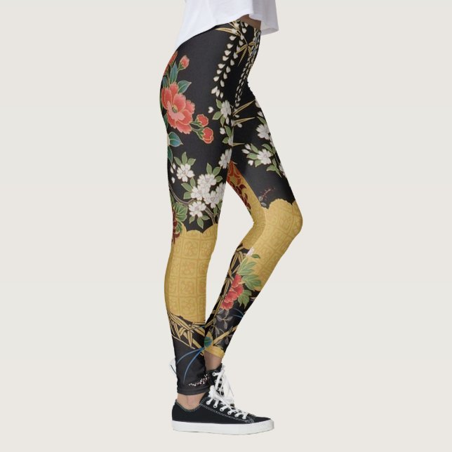 Gold and Black Oriental Japanese Kimono Floral  Leggings (Right)