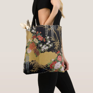 Gold and Black Oriental Japanese Kimono Floral  Tote Bag