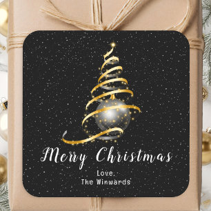 Gold and Black Ornament Merry Christmas Square Sticker