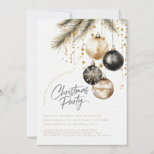 Gold And Black Ornaments Baubles Christmas Party Invitation