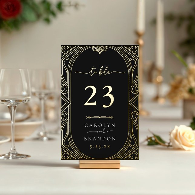 Gold and Black Ornate Wedding Table Number Card (Black and gold real foil wedding table number art deco vintage frame)