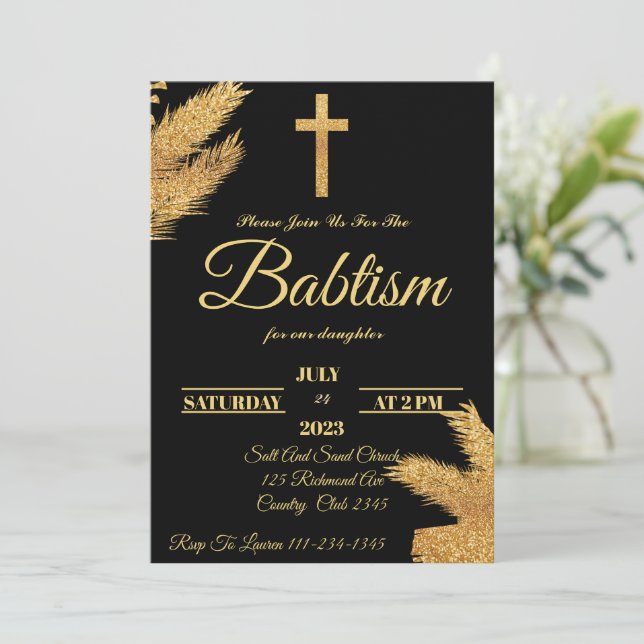 Gold And Black Pampas Grass Baptism  Invitation (Standing Front)
