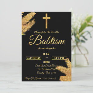 Gold And Black Pampas Grass Baptism  Invitation