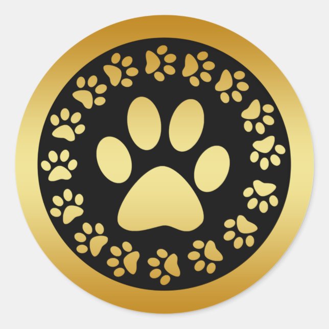 GOLD AND BLACK PAW PRINTS CLASSIC ROUND STICKER (Front)