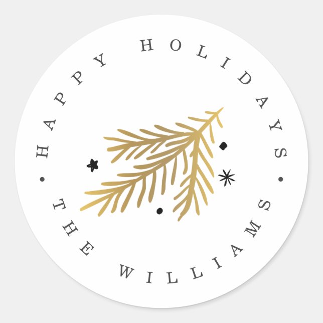 Gold and black pine Christmas Happy holidays Classic Round Sticker (Front)