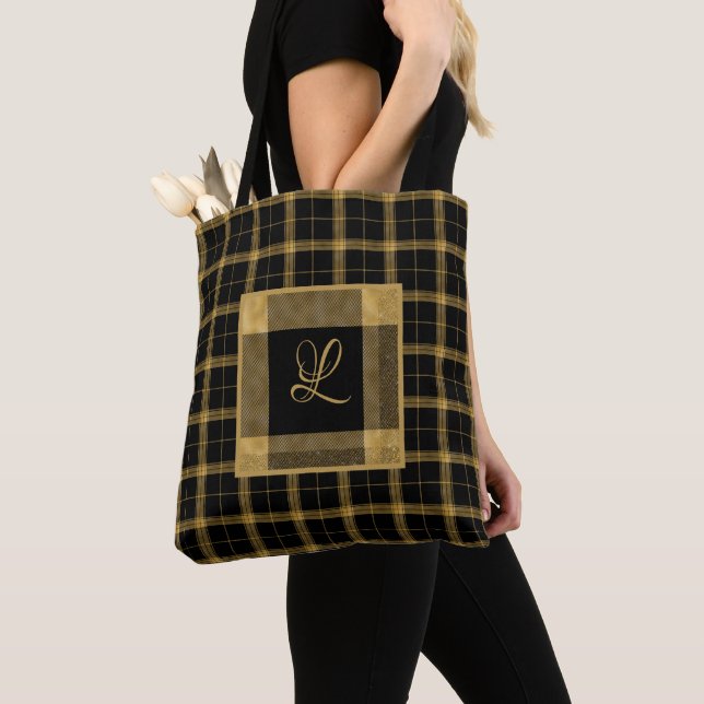 Gold and Black Plaid Elegant Personalised Tote Bag (Close Up)