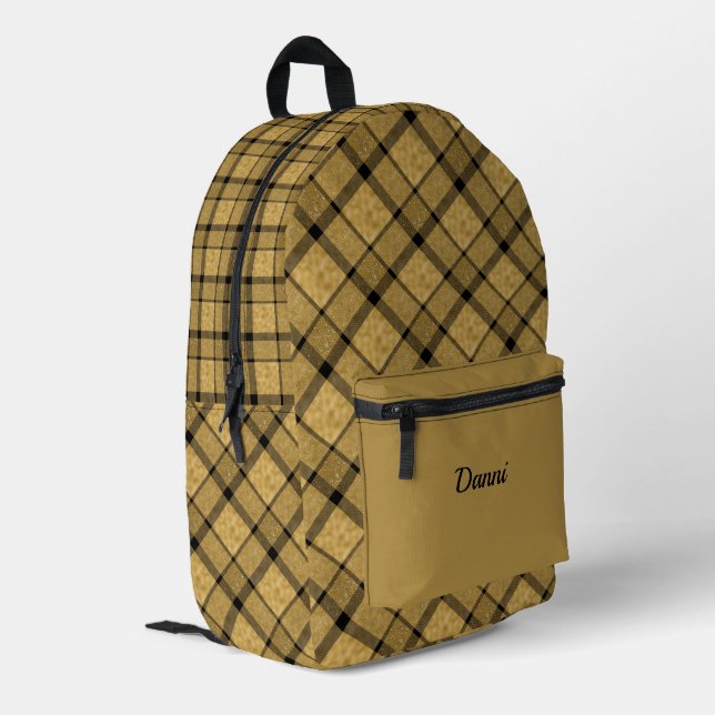 Gold and Black Plaid  Printed Backpack (Back Corner Left)