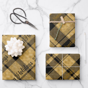 Gold and Black Plaid With Christmas Text  Wrapping Paper Sheet
