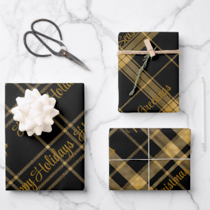 Gold and Black Plaid With Christmas Text Wrapping Paper Sheet