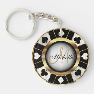 Gold and Black Poker Chip Design - Monogram Key Ring