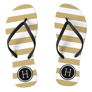 Gold and Black Preppy Stripes Monogram Thongs