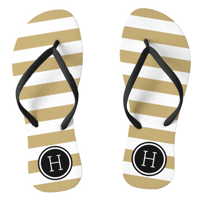 Gold and Black Preppy Stripes Monogram Thongs (Footbed)
