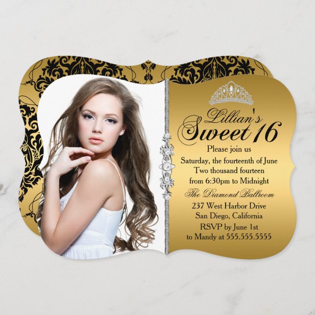 Gold and Black Princess Tiara Sweet 16 Birthday Invitation (Front/Back)
