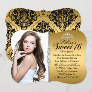 Gold and Black Princess Tiara Sweet 16 Birthday Invitation