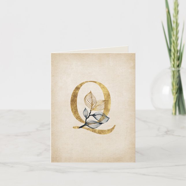 Gold and Black Q Monogram With Leaves Note Card (Front)