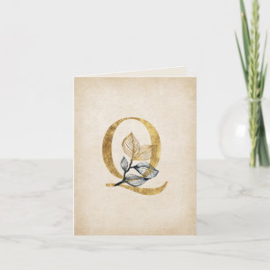 Gold and Black Q Monogram With Leaves Note Card