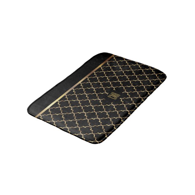 Gold and Black Quatrefoil - Monogram Design Bath Mat (Angled)