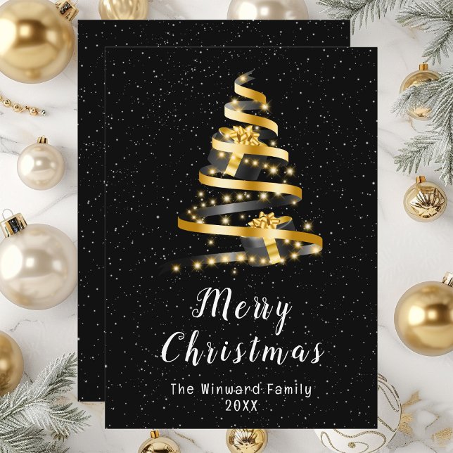 Gold and Black Ribbon Gift Merry Christmas Holiday Card (Creator Uploaded)