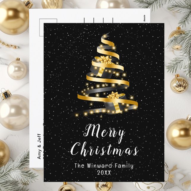 Gold and Black Ribbon Gift Merry Christmas Holiday Postcard (Creator Uploaded)
