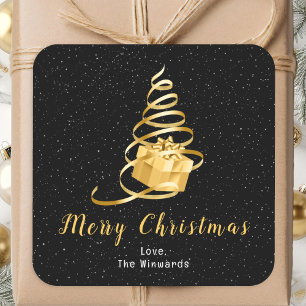 Gold and Black Ribbon Gift Merry Christmas Square Sticker