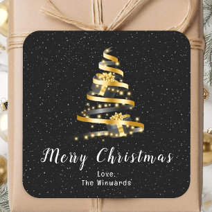 Gold and Black Ribbon Gift Merry Christmas Square Sticker