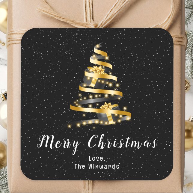 Gold and Black Ribbon Gift Merry Christmas Square Sticker (Creator Uploaded)