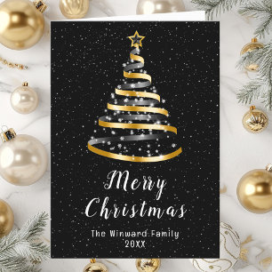Gold and Black Ribbon Tree Merry Christmas Holiday Card