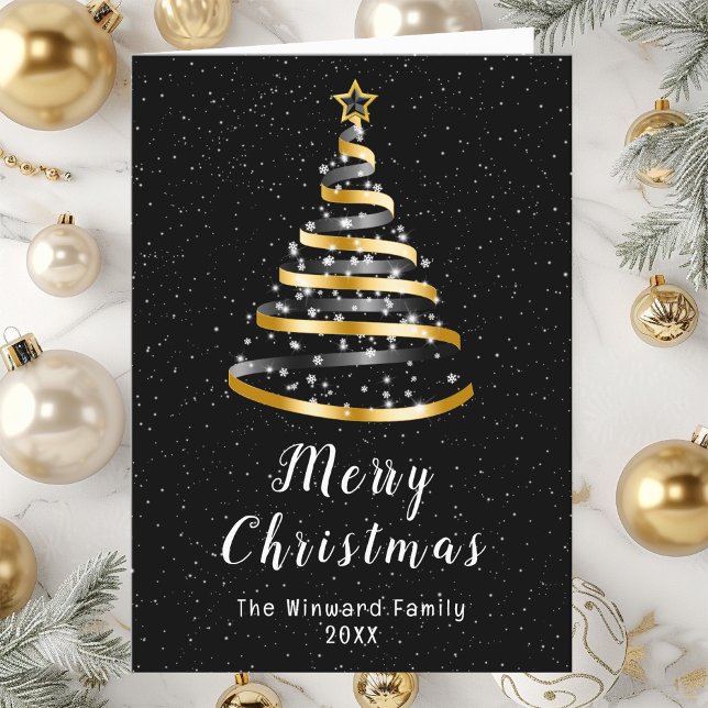 Gold and Black Ribbon Tree Merry Christmas Holiday Card (Creator Uploaded)