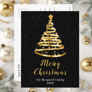 Gold and Black Ribbon Tree Merry Christmas Holiday Postcard
