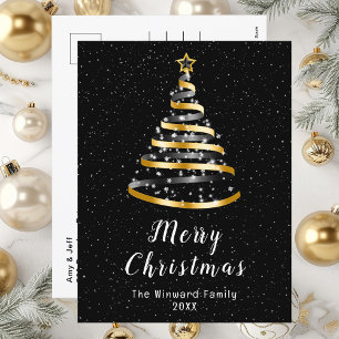 Gold and Black Ribbon Tree Merry Christmas Holiday Postcard