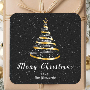 Gold and Black Ribbon Tree Merry Christmas Square Sticker