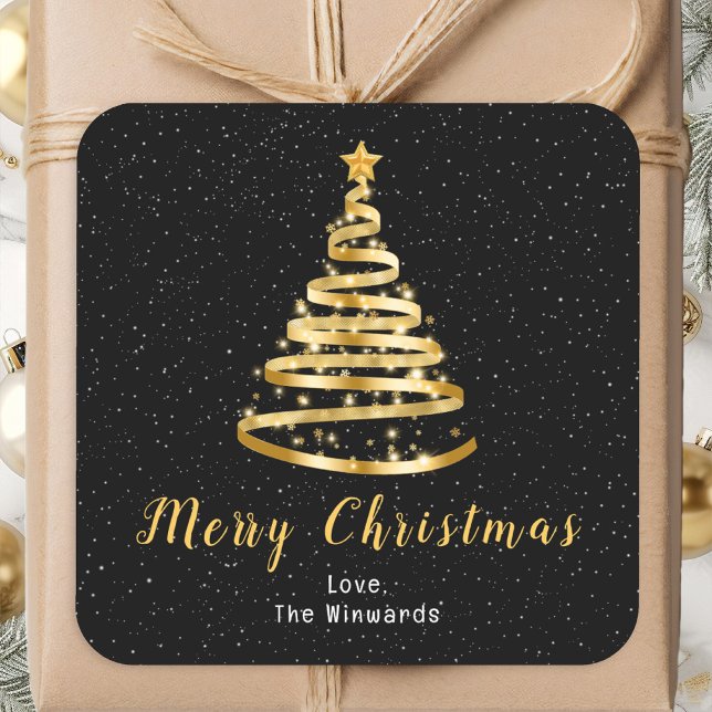 Gold and Black Ribbon Tree Merry Christmas Square Sticker (Creator Uploaded)