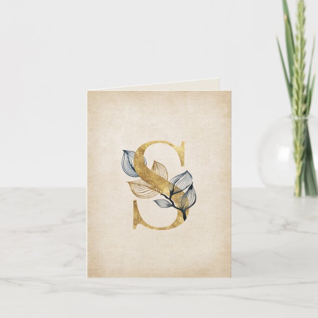 Gold and Black S Monogram With Leaves Note Card (Front)