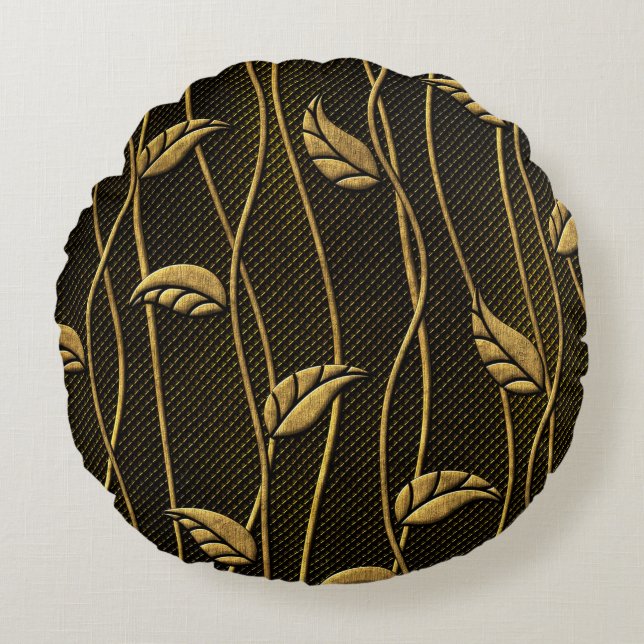 Gold and black seamless texture with leaves relief round cushion (Front)